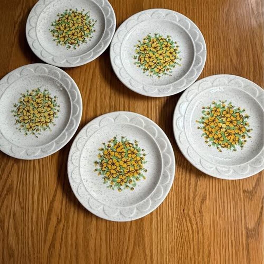 5 Vintage dessert plates small 6.25” beige with yellow flowers Ceramic